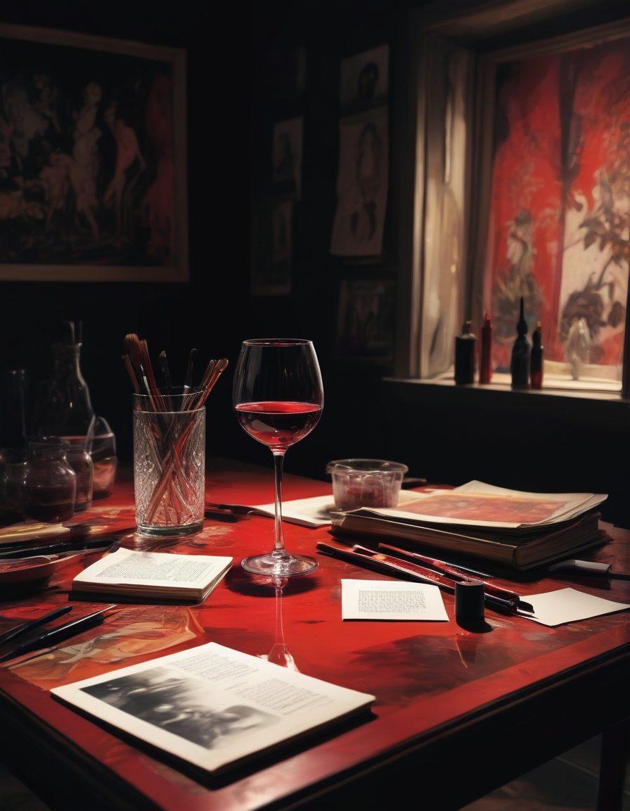 A visually striking illustration featuring an open graphic novel with bold, risqué imagery and intricate artwork. Surrounding the novel, a dark, atmospheric room is lit by soft, seductive lighting, hinting at the adult themes. Include elements like a spilled glass of red wine and scattered art supplies to depict creativity. The overall vibe is playful yet mysterious, inviting curiosity about the genre. surreal art style. deep shadows. vibrant colors.