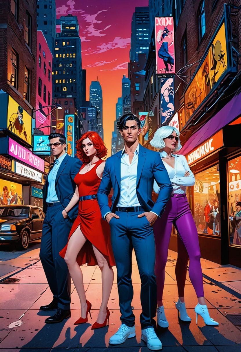 A vibrant scene of three-dimensional adult comics characters engaged in an evocative storyline, showcasing bold colors and intricate details. The background features an urban landscape filled with playful and suggestive elements that reflect mature storytelling. Emphasize the dynamic poses of the characters, capturing a sense of depth and intimacy. The overall atmosphere should be edgy yet artistic, inviting the viewer into this daring world of comic art. digital painting. vibrant colors. 3D.